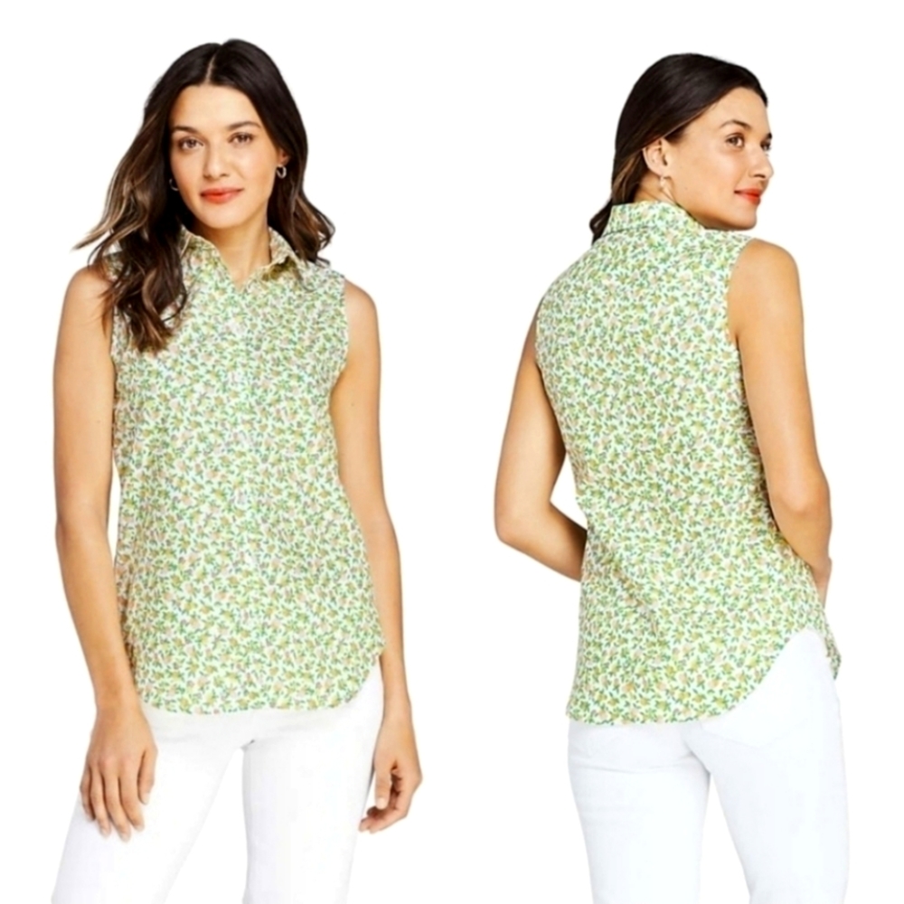 Lands' End Sleeveless Button Down Shirt Citrus White Grapefruit | Size 16P